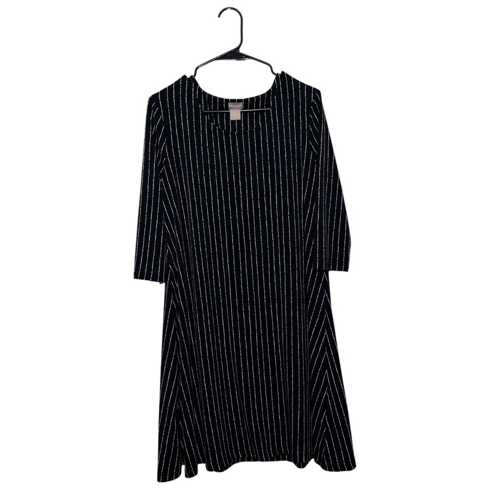 Chico's Lagenlook Chic A-Line Dress Black White Stripes 3/4 Sleeve Size 1P 8/10P